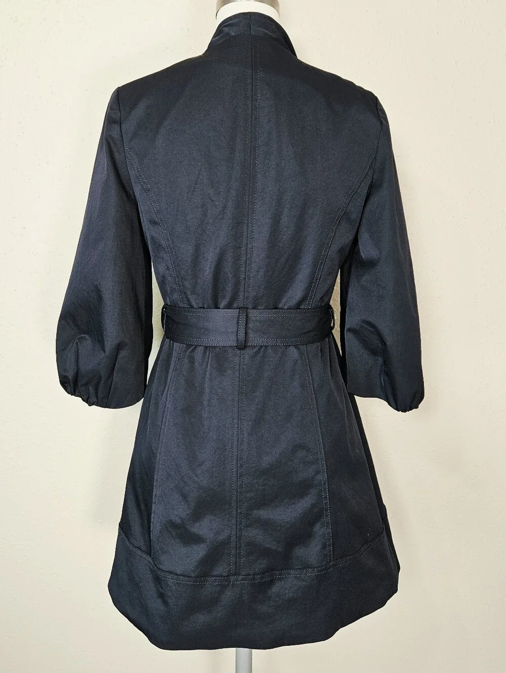 Anthropologie Idra Whimsy Ruffle Belted Trench Coat Navy Blue Size 2